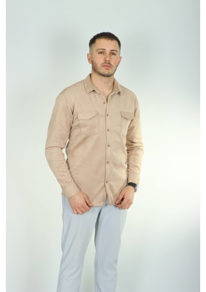 Çift Cep Nubuk Gömlek Krem modelleri