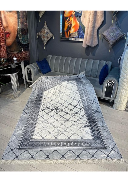 Makinede Yıkanabilir Leke Tutmaz gri-Beyaz Pvc Deri Kaymaz Taban Versace Salon Saçaksız Halı B1292