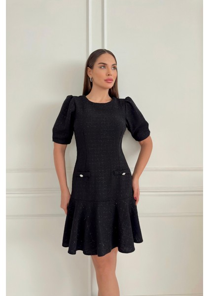 Kolu Pile Eteği Volanlı Chanel Elbise