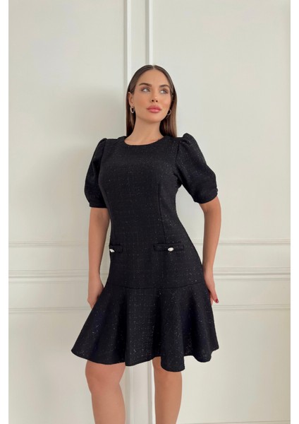 Kolu Pile Eteği Volanlı Chanel Elbise