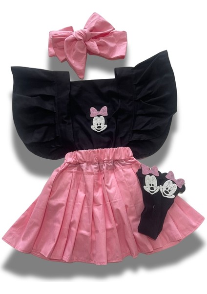 Kız Çocuk Pembe Siyah Miki Mause Figürlü Pileli Salopet Bandana Çorap Set-6-9 Aydan 5 Yaşa Kadar