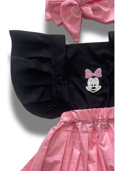Kız Çocuk Pembe Siyah Miki Mause Figürlü Pileli Salopet Bandana Çorap Set-6-9 Aydan 5 Yaşa Kadar