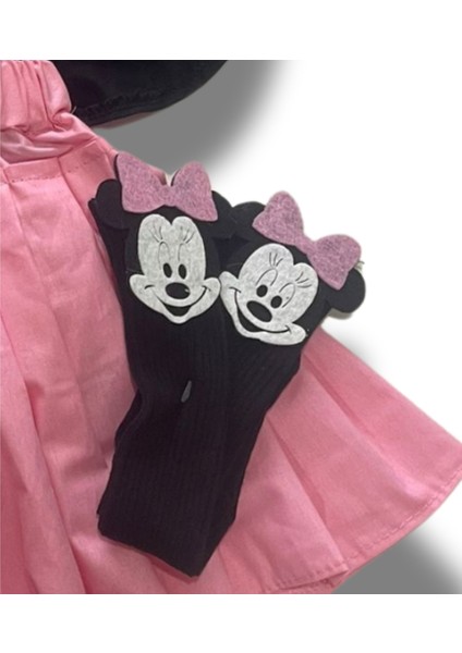 Kız Çocuk Pembe Siyah Miki Mause Figürlü Pileli Salopet Bandana Çorap Set-6-9 Aydan 5 Yaşa Kadar