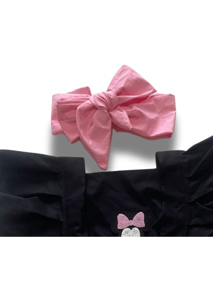 Kız Çocuk Pembe Siyah Miki Mause Figürlü Pileli Salopet Bandana Çorap Set-6-9 Aydan 5 Yaşa Kadar