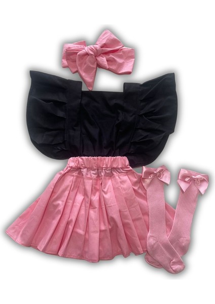 Kız Çocuk Pembe Siyah Miki Mause Figürlü Pileli Salopet Bandana Çorap Set-6-9 Aydan 5 Yaşa Kadar
