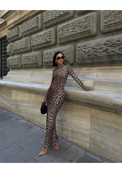 Kadın Uzun Kollu Balıkçı Yaka Gull Likralı Leopar Desen Maxi Boy Elbise