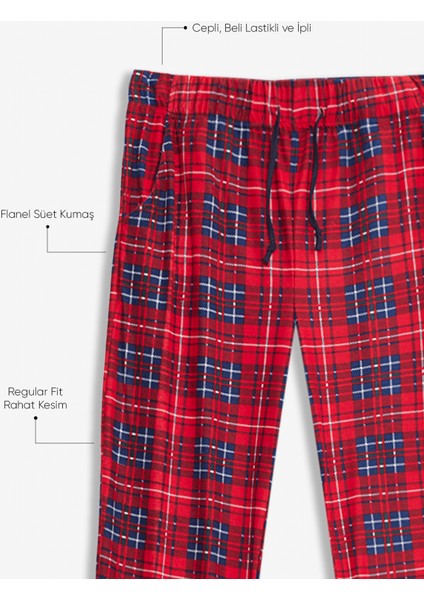 2’li Erkek Pijama Altı Kareli Cepli Süet Kumaş Rahat Kesim Regular Fit İpli Beli Lastikli Ekoseli Yeşil Kırmızı Eşofman Tek Alt