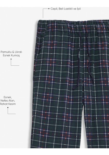 2’li Erkek Pijama Altı Kareli Cepli Süet Kumaş Rahat Kesim Regular Fit İpli Beli Lastikli Ekoseli Yeşil Kırmızı Eşofman Tek Alt