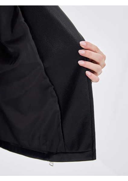 Lcw Modest Siyah Biker Yaka Kadın Deri Görünümlü Ceket fırsatları