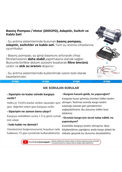 Su Arıtma Cihazı 200GPD Basınç Pompası Tam Kit (Motor)