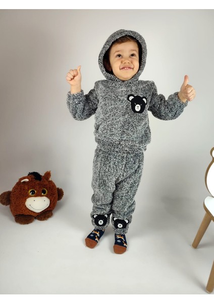 Ayıcık Nakış Detaylı Kapüşonlu Peluş Welsoft Kız Erkek Unisex Çocuk 2'li Eşofman Takımı