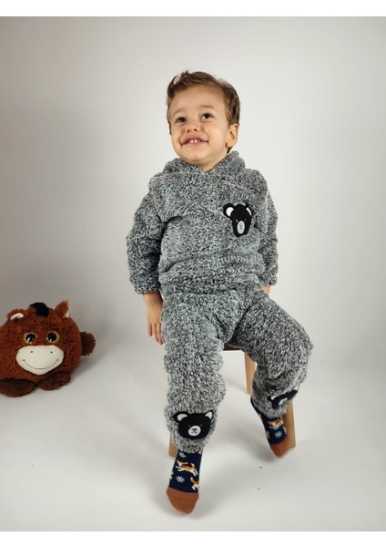 Ayıcık Nakış Detaylı Kapüşonlu Peluş Welsoft Kız Erkek Unisex Çocuk 2'li Eşofman Takımı