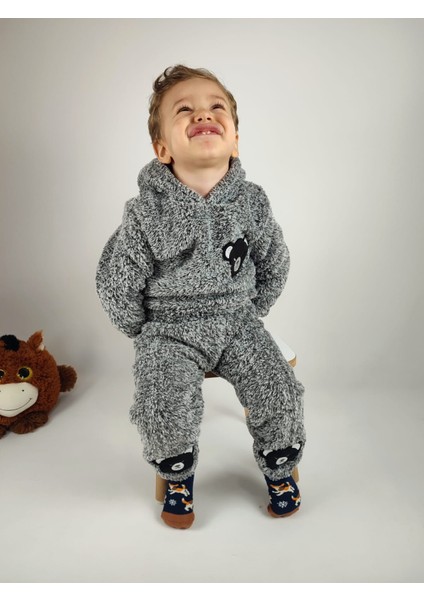 Ayıcık Nakış Detaylı Kapüşonlu Peluş Welsoft Kız Erkek Unisex Çocuk 2'li Eşofman Takımı