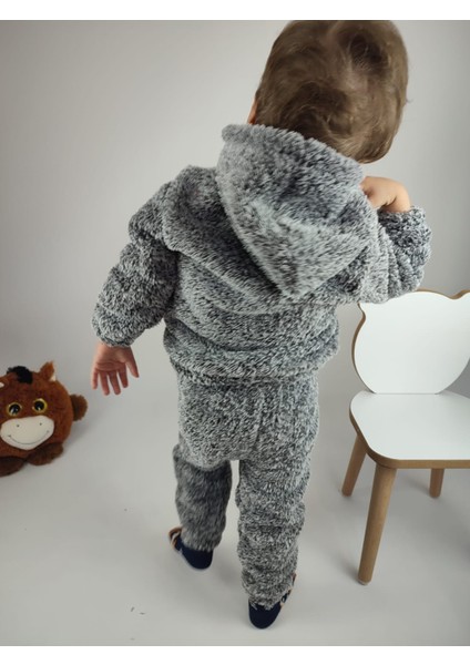 Ayıcık Nakış Detaylı Kapüşonlu Peluş Welsoft Kız Erkek Unisex Çocuk 2'li Eşofman Takımı