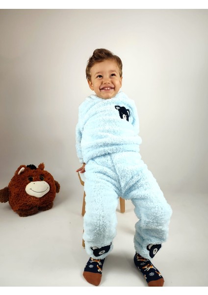 Ayıcık Nakış Detaylı Kapüşonlu Peluş Welsoft Kız Erkek Unisex Çocuk 2'li Eşofman Takımı modelleri