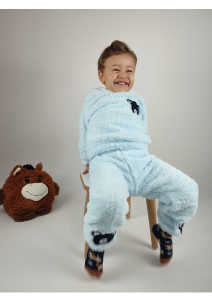 Ayıcık Nakış Detaylı Kapüşonlu Peluş Welsoft Kız Erkek Unisex Çocuk 2'li Eşofman Takımı