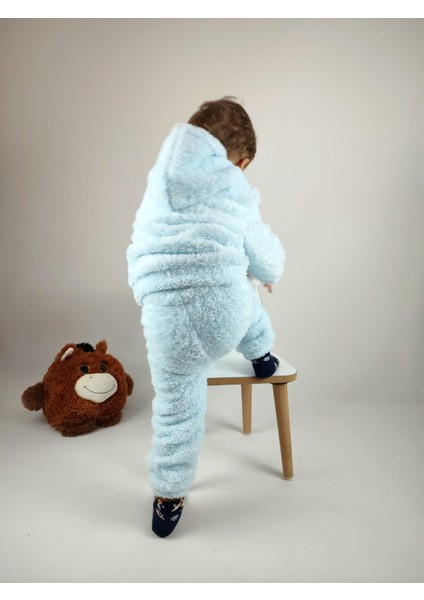 Ayıcık Nakış Detaylı Kapüşonlu Peluş Welsoft Kız Erkek Unisex Çocuk 2'li Eşofman Takımı