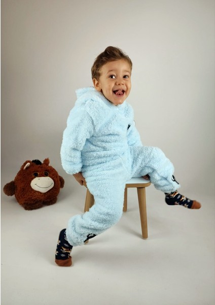 Ayıcık Nakış Detaylı Kapüşonlu Peluş Welsoft Kız Erkek Unisex Çocuk 2'li Eşofman Takımı