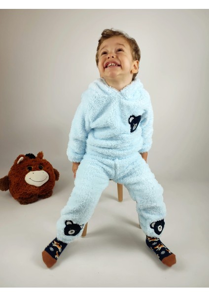Ayıcık Nakış Detaylı Kapüşonlu Peluş Welsoft Kız Erkek Unisex Çocuk 2'li Eşofman Takımı