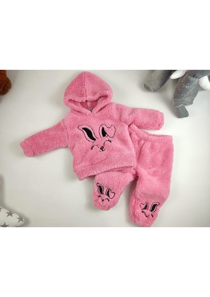 Tavşan Nakış Detaylı Kapüşonlu Peluş Welsoft Kız Çocuk Alt-Üst Eşofman Takımı (Tek Takım)