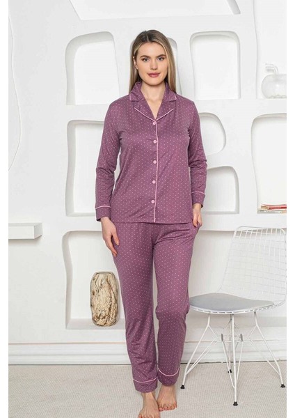 Mürdüm Kalp Desen Boydan Düğmeli Gömlek Yaka Uzun Kol Kadın Pijama Takımı -Milan Likralı Viskon Cepli Alt