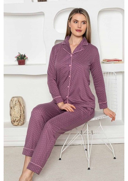 Mürdüm Kalp Desen Boydan Düğmeli Gömlek Yaka Uzun Kol Kadın Pijama Takımı -Milan Likralı Viskon Cepli Alt fiyatları