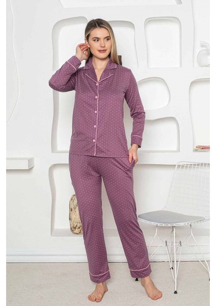 Mürdüm Kalp Desen Boydan Düğmeli Gömlek Yaka Uzun Kol Kadın Pijama Takımı -Milan Likralı Viskon Cepli Alt modelleri