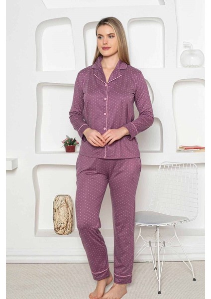 Mürdüm Kalp Desen Boydan Düğmeli Gömlek Yaka Uzun Kol Kadın Pijama Takımı -Milan Likralı Viskon Cepli Alt fırsatları