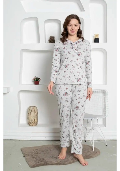 Gri Çiçek Desenli Büyük Beden Kadın Uzun Kol Anne Pijama Takımı - Pamuk Penye Mevsimlik