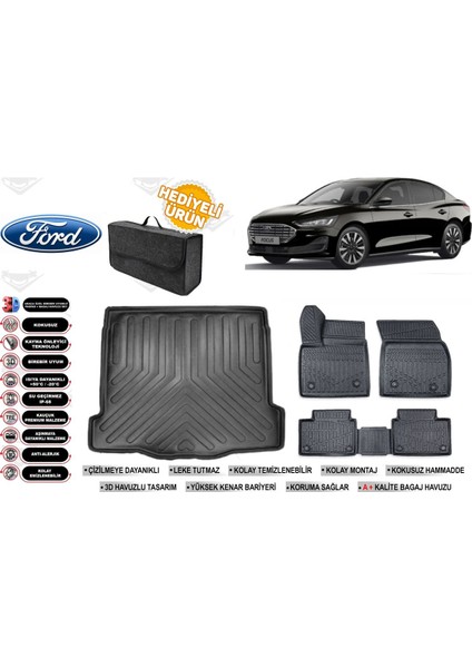 Ford Focus 5 Sedan 2021 Model Ince Stepneli Bagaj Havuzu+Paspas Seti Profesyonel Serisi Hediyeli