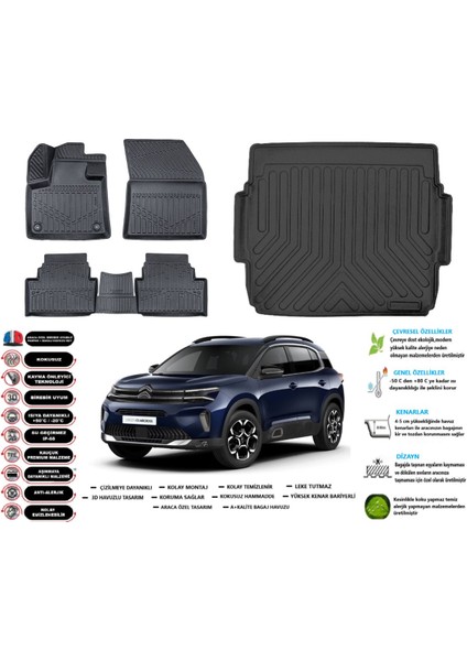 Citroen C5 Aircross 2021 Model Üst Esnek Bagaj Havuzu Araca Özel Siyah Paspas Takımı
