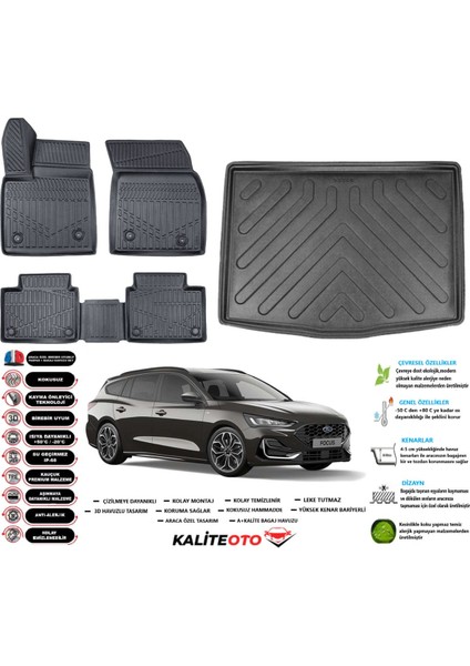 Ford Focus 5 Stw 2019 Model Alt Esnek Bagaj Havuzu Araca Özel Siyah Paspas Takımı