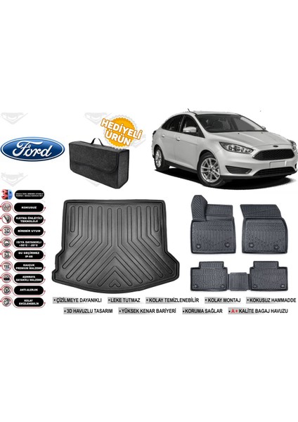 Ford Focus 3,5 Sedan 2017 Model Bagaj Havuzu+Paspas Seti Profesyonel Serisi Hediyeli
