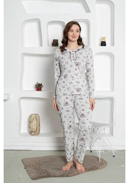 Gri Çiçek Desenli Büyük Beden Kadın Uzun Kol Anne Pijama Takımı - Pamuk Penye Mevsimlik modelleri