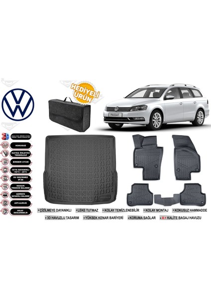 Volkswagen Passat B7 Variant 2014 Model Bagaj Havuzu+Paspas Seti Profesyonel Serisi Hediyeli