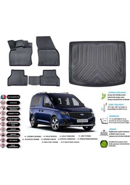 Ford Connect 2025 Model Esnek Bagaj Havuzu Araca Özel Siyah Paspas Takımı