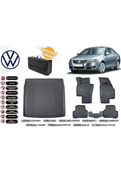 Volkswagen Passat B6 2008 Model Bagaj Havuzu+Paspas Seti Profesyonel Serisi Hediyeli