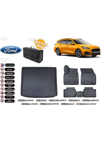 Ford Focus 5 Stw 2019 Model Üst Bagaj Havuzu+Paspas Seti Profesyonel Serisi Hediyeli