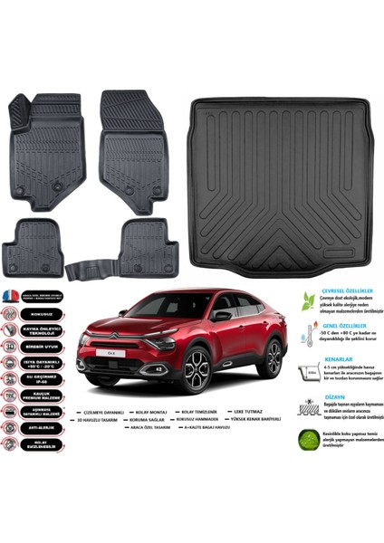 Citroen C4X Elektrikli 2024 Model Esnek Bagaj Havuzu Araca Özel Siyah Paspas Takımı