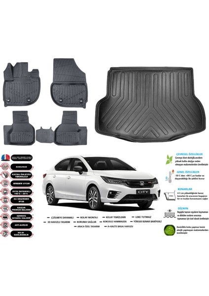 Honda City 2022 Model Esnek Bagaj Havuzu Paspası Araca Özel Siyah Kokusuz Paspas Takımı