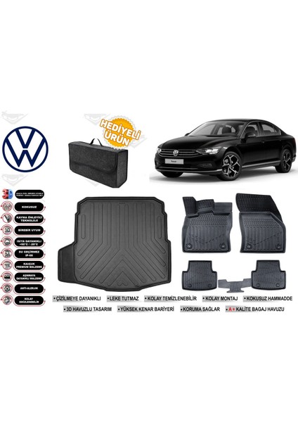 Volkswagen Passat B8 Impression 2021 Model Bagaj Havuzu+Paspas Seti Profesyonel Serisi Hediyeli