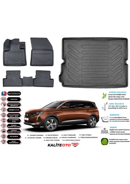 Peugeot 5008 2023 Model Esnek Bagaj Havuzu Paspası Araca Özel Siyah Kokusuz Paspas Takımı