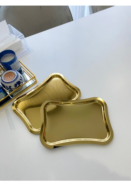 2'Li Paslanmaz Çelik Fiyonk Model Gold Servis ,Çay ,Kahve ,İkramlık Sunum Tepsisi
