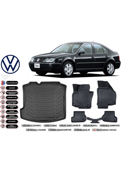 Volkswagen Bora 2001 Model Bagaj Havuzu Araca Özel Siyah Ekstra Havuzlu Paspas Takımı