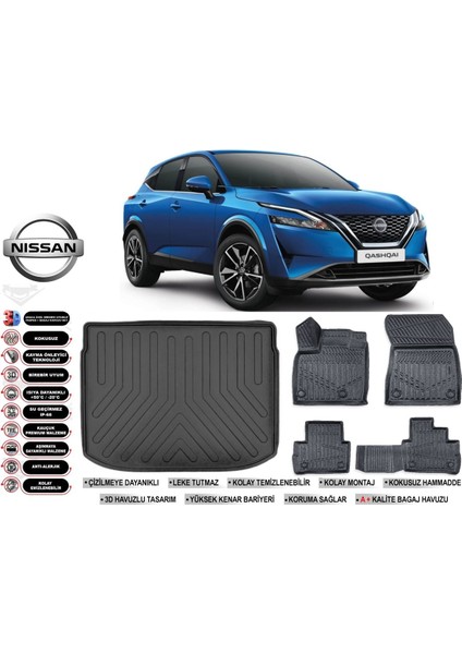Nissan Qashqai E-Power 2022 Model Üst Bagaj Havuzu Araca Özel Siyah Kokusuz Havuzlu Paspas Takımı