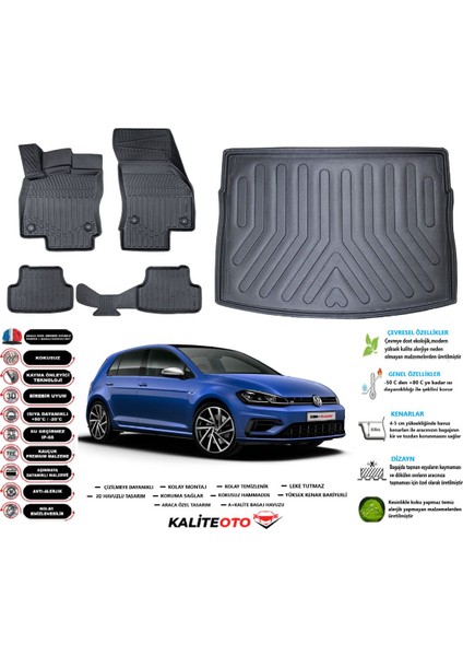Volkswagen Golf 7 2018 Model Esnek Bagaj Havuzu Araca Özel Siyah Paspas Takımı