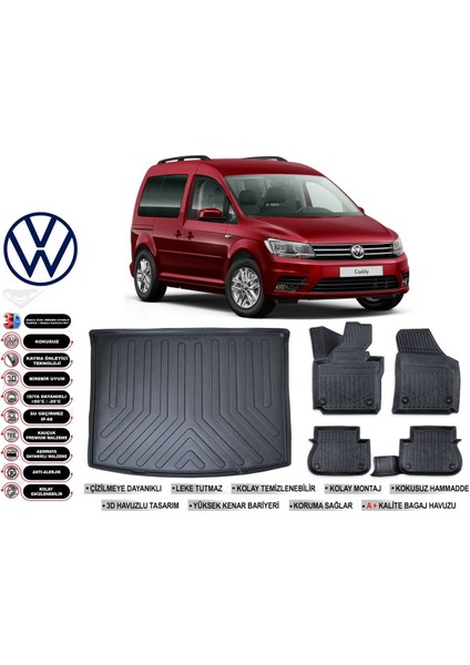 Volkswagen Caddy 2019 Model Bagaj Havuzu Araca Özel Siyah Ekstra Havuzlu Paspas Takımı
