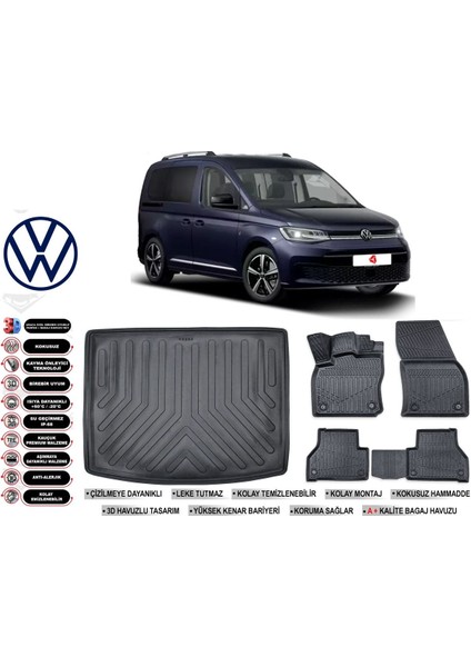 Volkswagen Caddy 2024 Model Bagaj Havuzu Araca Özel Siyah Ekstra Havuzlu Paspas Takımı