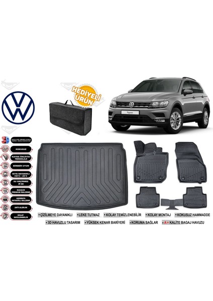 Volkswagen Tiguan 2020 Model Alt Bagaj Havuzu+Paspas Seti Profesyonel Serisi Hediyeli