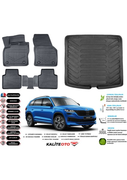 Skoda Kodiaq 2022 Model Esnek Bagaj Havuzu Araca Özel Siyah Paspas Takımı